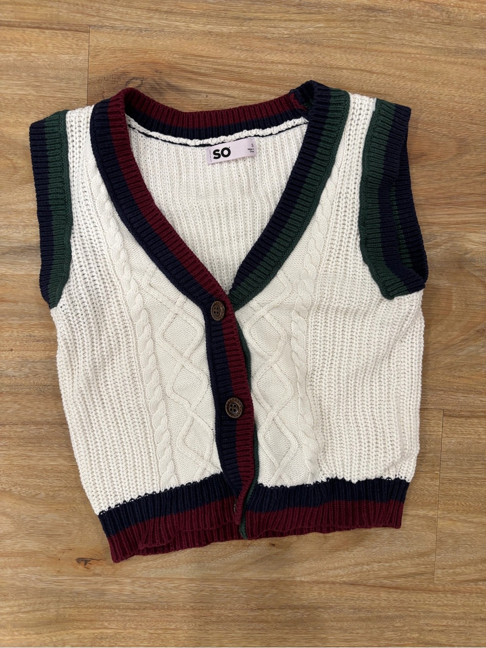 SO Cream Cable-Knit V-Neck Vest with Navy, Burgundy & Green Trim